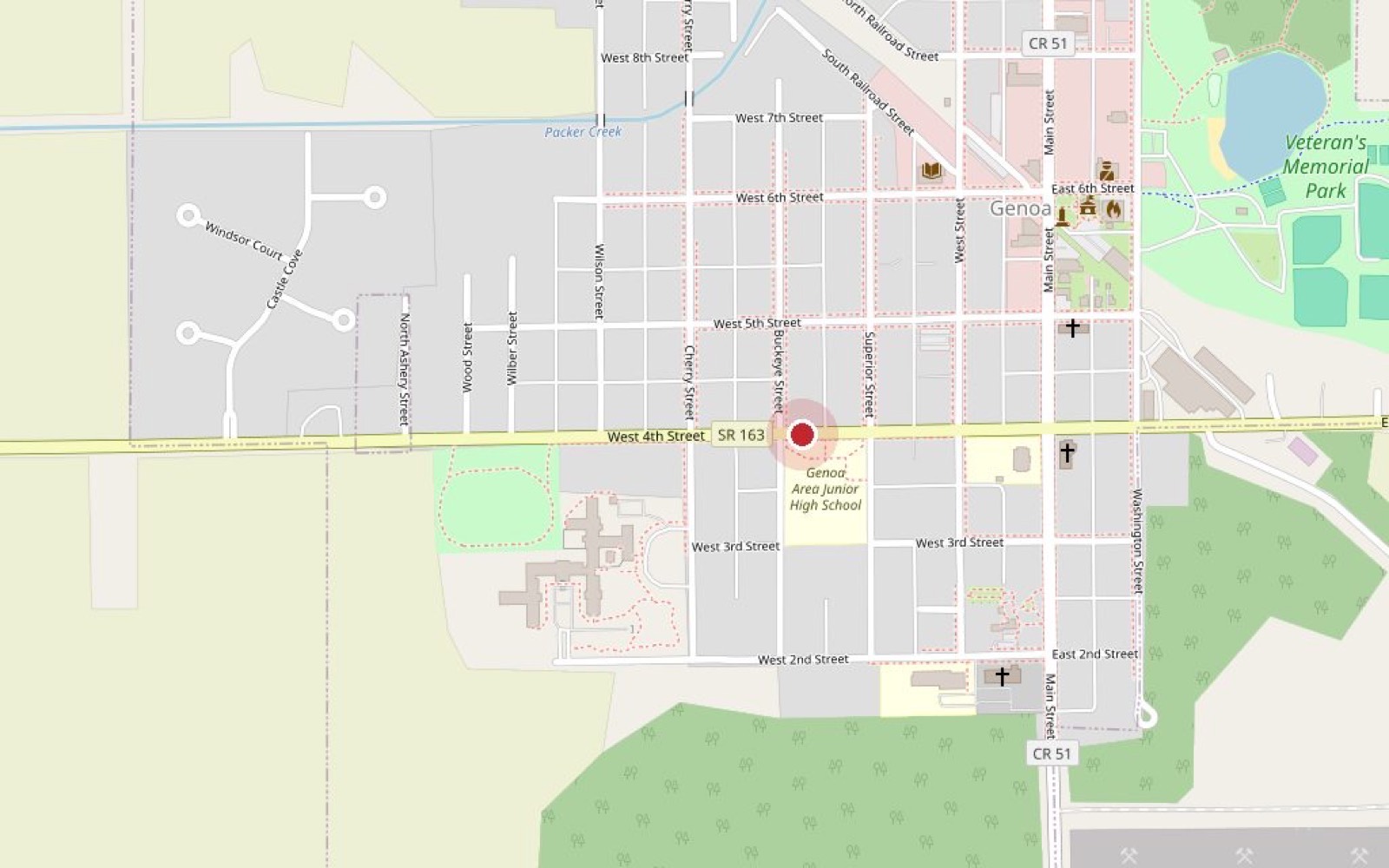 Map of Genoa, Ohio, with Community Christian Academy marked on West 4th Street
